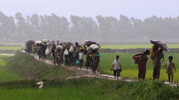 Pengungsi Rohingya dari negara bagian Rakhine di Myanmar berjalan di sepanjang jalan setapak dekat Teknaf, Bangladesh, pada Selasa (4/9).