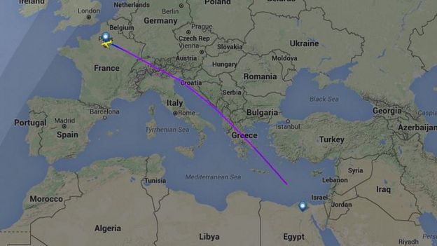 A map showing the path of the flight before it disappeared, on Flightradar24
