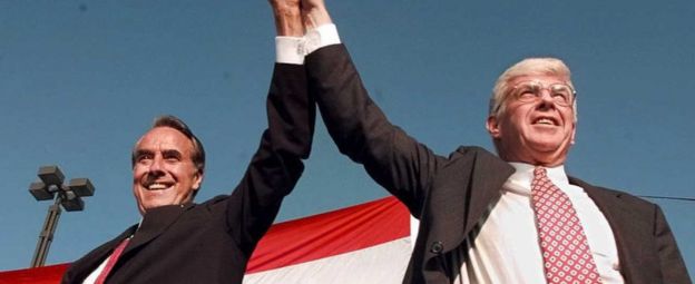 US Republican presidential candidate Bob Dole (L) and vice presidential candidate Jack Kemp (R) arrive for a welcoming rally in San Diego, California, 14 October 1996