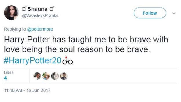 Harry Potter has taught me to be brave with love being the soul reason to be brave. #HarryPotter20