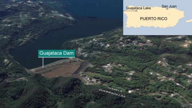 A 3D render from Google earth showing Guajataca dam. Inset, top right, is map of Puerto Rico showing the considerable distance from San Juan to the region - almost on opposite sides of the country