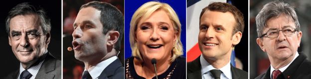 From L to R: Francois Fillon, Benoît Hamon, Marine Le Pen, Emmanuel Macron and Jean-Luc Mélenchon