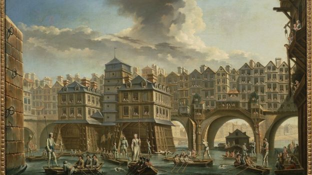 Lancheros entre los puentes de Notre-Dame y au Change, París, en 1756, por Nicolas-Jean-Baptiste Raguenet (1715-1793).