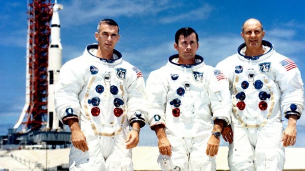 Crew of Apollo 10 (L-R) Eugene Cernan, John Young and Thomas Stafford, at the Kennedy Space Center, Florida, 13 May 1969