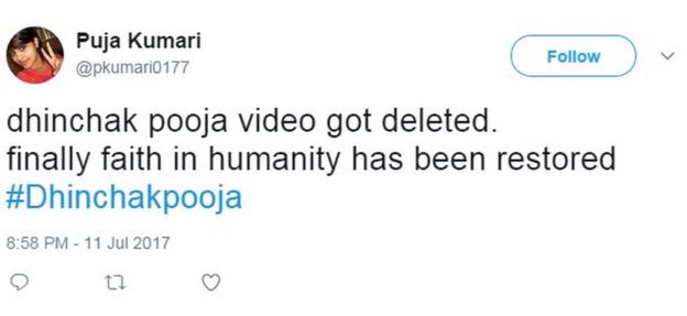 dhinchak pooja video got deleted. finally faith in humanity has been restored #Dhinchakpooja