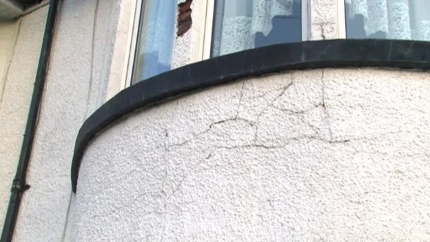 Crack in the outside wall of Kenneth Bowen's house in Pontypridd
