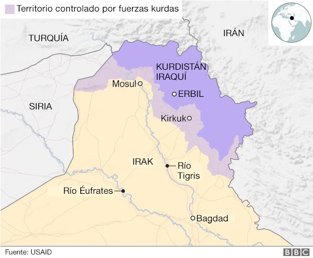 Mapa del territorio controlado por fuerzas kurdas