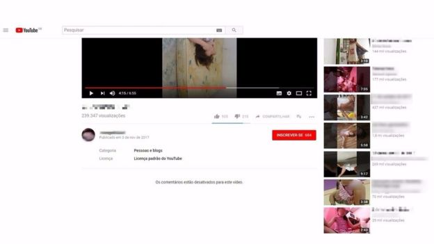 Imagem de vídeo no YouTube de crianças brincando; ao lado, 'indicações' de vídeos que mostram meninas em posições vulneráveis