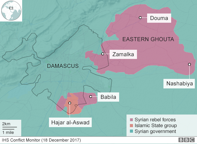 Mappa di Damasco e della Ghouta orientale, teatro di diversi attacchi chimici. Credits to: BBC.