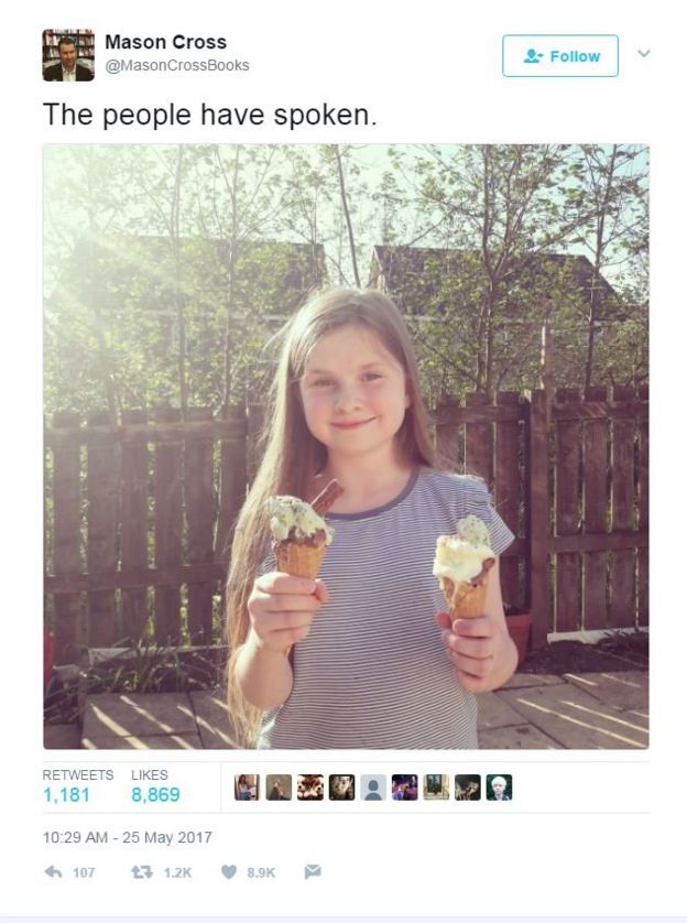 Mr Bell - aka Mason Cross - tweeted a picture of his daughter smiling with ice-cream