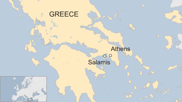 A map showing the island of Salamis and the location of Athens