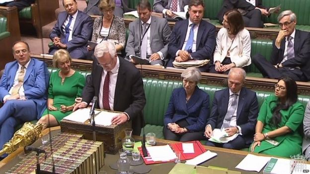 Brexit Secretary David Davis addressing MPs, flanked by Theresa May and Andrea Leadsom