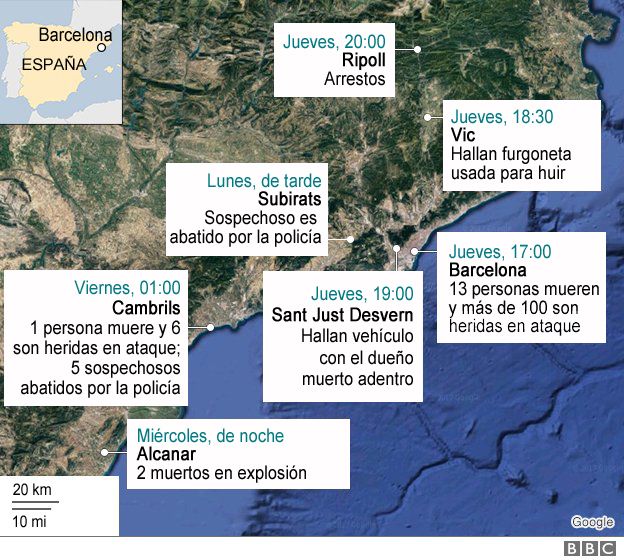 Mapa de España con los principales hechos vinculados a los atentados.