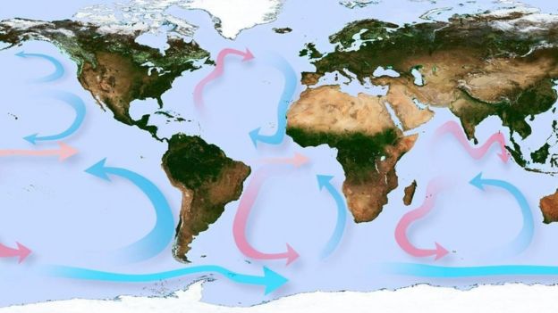 Mapa del planeta Tierra con las corrientes marinas