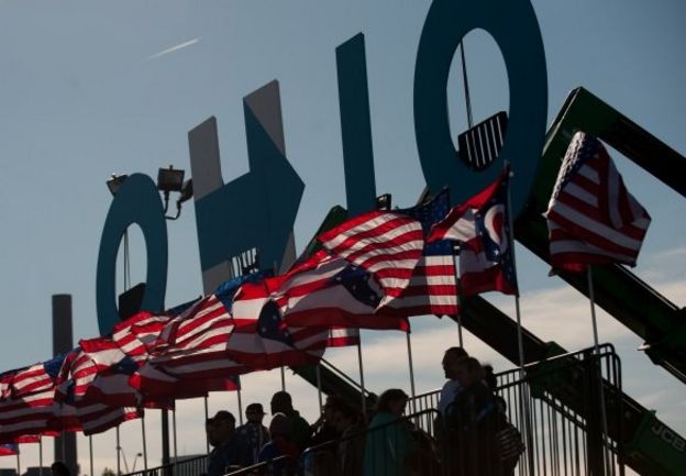 Banderas flameando sobre un cartel de Ohio.