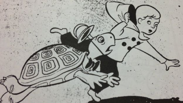 Ilustración infantil de un niño y una tortuga corriendo. (Imagen: cortesía de la Biblioteca Truman)