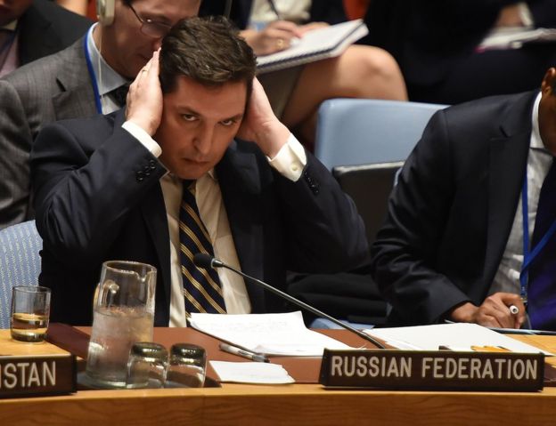 Russia's deputy UN ambassador, Vladimir Safronkov, attends the United Nations Security Council meeting in New York, 5 April