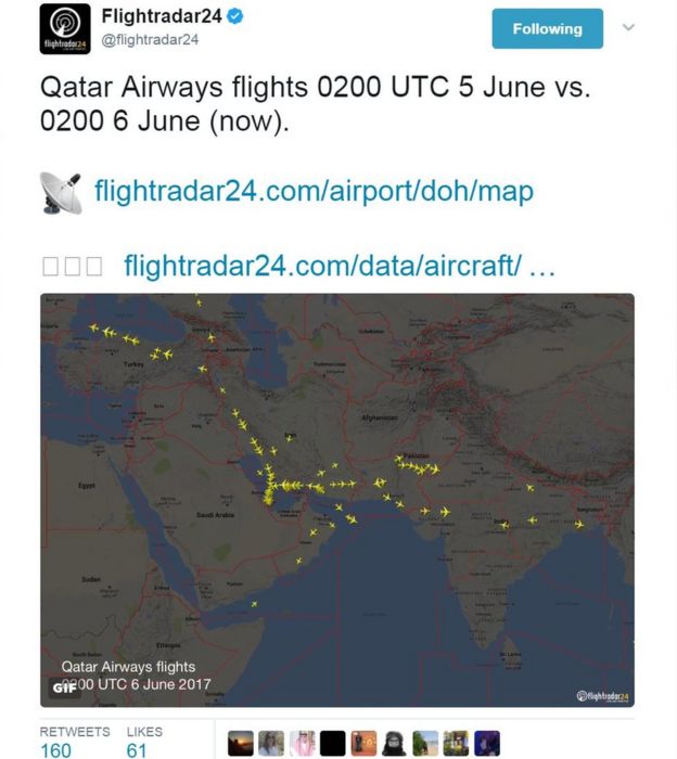 Flightradar24追踪卡塔尔航空截屏
