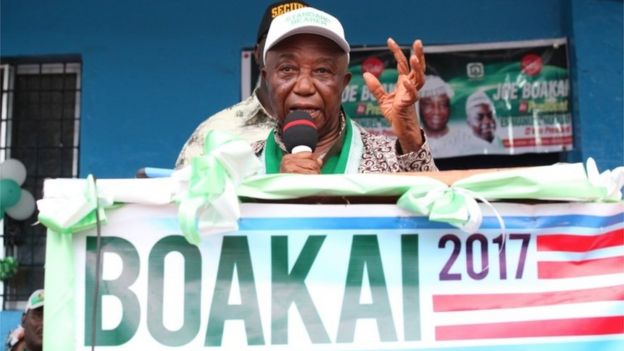 Joseph N Boakai, Presidential Candidate of the governing Unity Party(UP), and incumbent Vice president of Liberia speaks to supporters during a campaign rally in the port city of Buchanan City, Grand Bassa County, Liberia, 25 September 2017