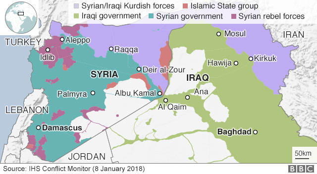 Map showing control of Iraq and Syria (8 January 2018)