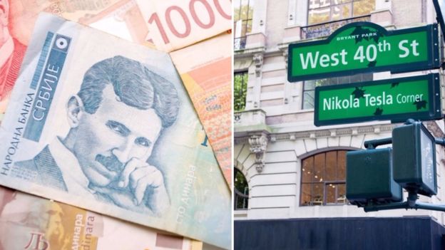 Nota de 100 dinares, moeda sérvia, e cruzamento em Nova York