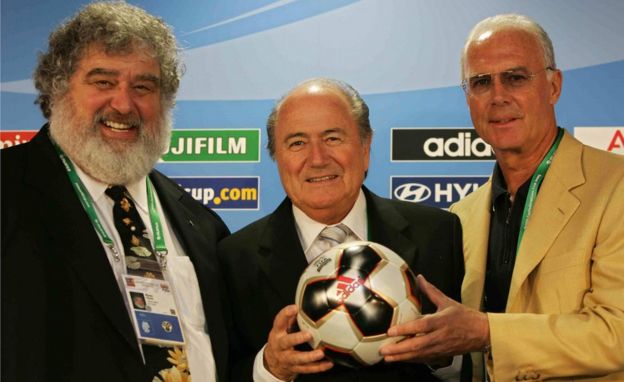 Chuck Blazer, Sepp Blatter, and footballer Franz Beckenbauer pose in Frankfurt on 13 June 2005.