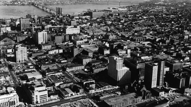 Aerial view of downtown Louisville and the Ohio River, Louisville, Kentucky