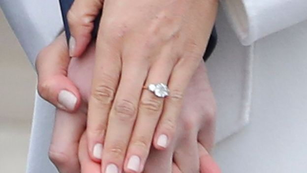 Meghan Markle shows her engagement ring to the press