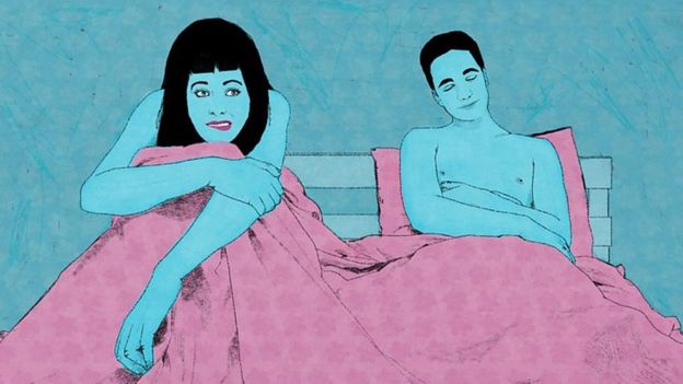 IlustraÃ§Ã£o mostrando casal na cama, ele com cara de satisfeito, e ela nÃ£o