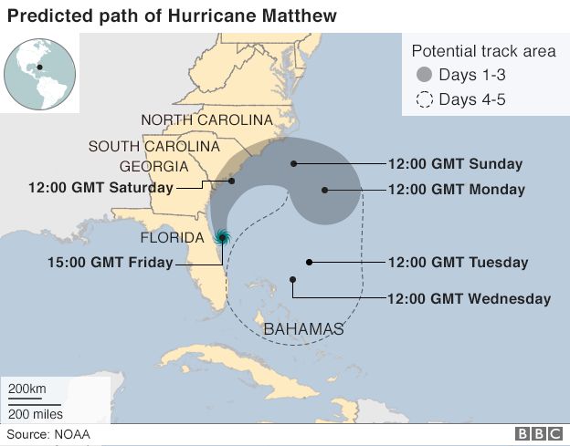 Map shows Hurricane Matthew's path from the Bahamas heading towards Florida and other US eastern states
