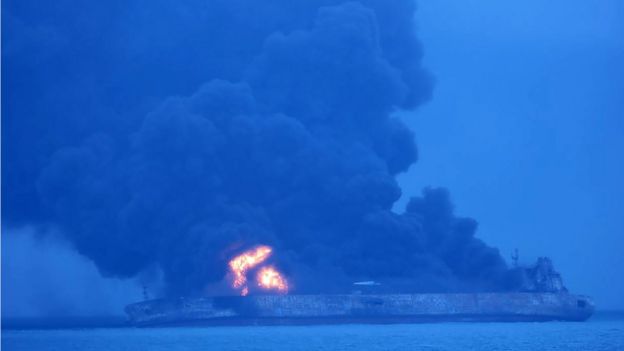 Korean coast guard handout shows the fire on the Sanchi off China's east coat