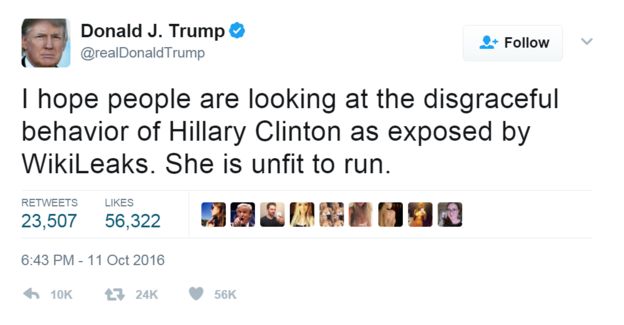 Tweet from @realdonaldtrump, dated 11 October 2016: 