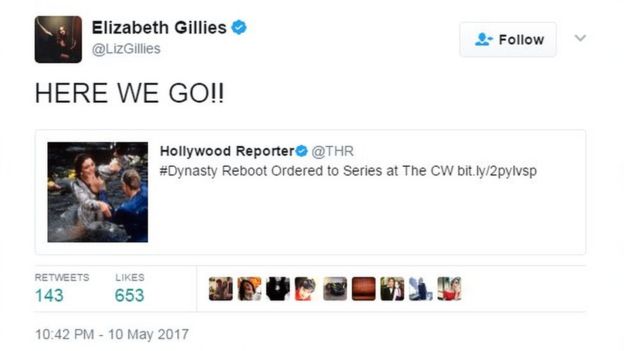 Elizabeth Gillies tweets 'Here we go!!'