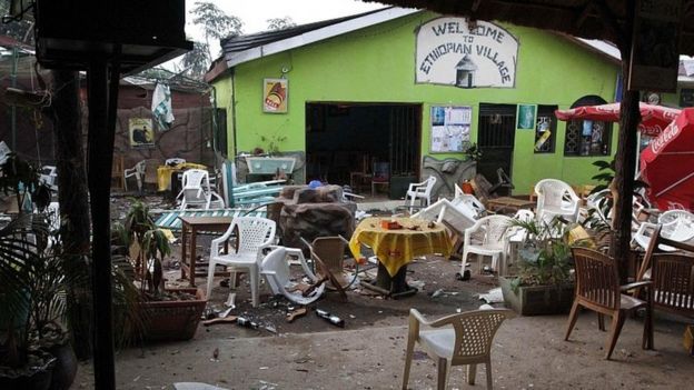Scene at the Ethiopian Village restaurant in Kampala the morning after the blast