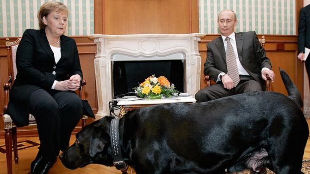 Russian President Vladimir Putin (R) and German Chancellor Angela Merkel are watched by Putin's dog Koni as they address journalists after their working meeting at the Bocharov Ruchei residence in Sochi, 21 January 2007.