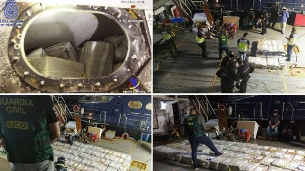 A composite image of four handout photos made available by the Spanish Civil Guard (Guardi Civil) shows officers of the Special Operations Group (GEO) and Civil Guard officers during the seizure of a 3.8 tonnes of cocaine (07 October 2017)