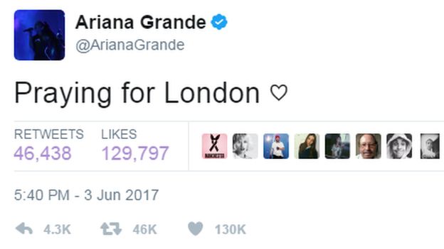 美国女歌手爱莉安娜·格兰德（Ariana Grande）在推特（twitter）上发帖：