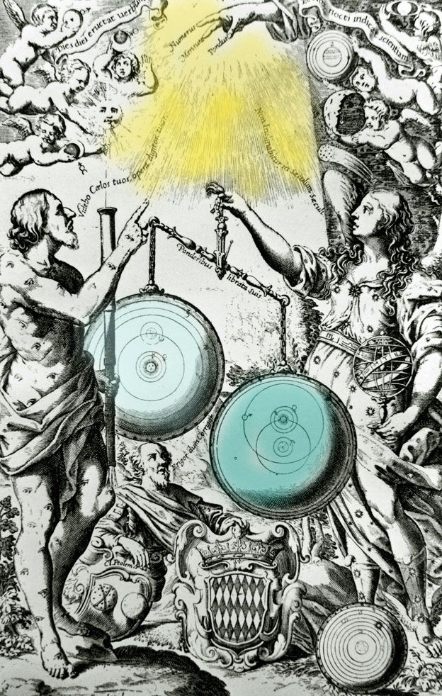 Los sistemas cosmológicos de Copérnico (centro-izquierda) y Ptolomeo (más abajo a la derecha) en una balanza. La mano de Dios (arriba en el centro) juzgando a favor del de Ptolomeo. Grabado de 1651.
