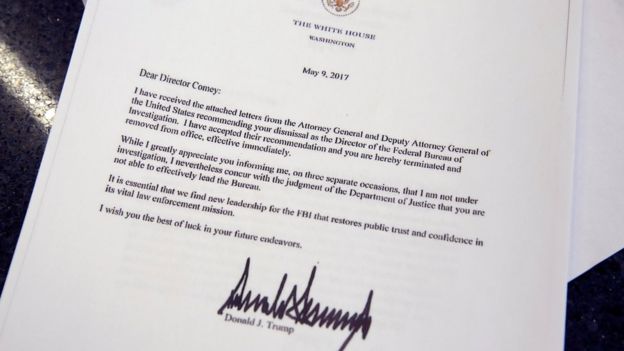 Trump'Ä±n Comey'i gÃ¶revden aldÄ±ÄÄ±nÄ± bildiren mektup
