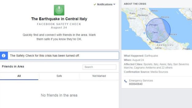 Facebook Italy earthquake safety check page
