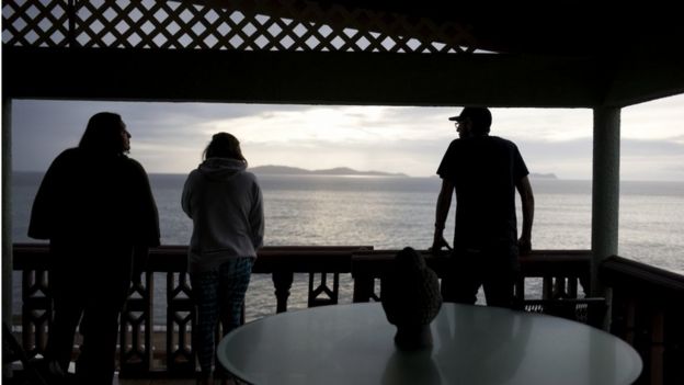 Staff at The Ibogaine Institute, an opioid rehab clinic, look at whales swimming off the Baja coast Credit: Jonathan Levinson/PRI