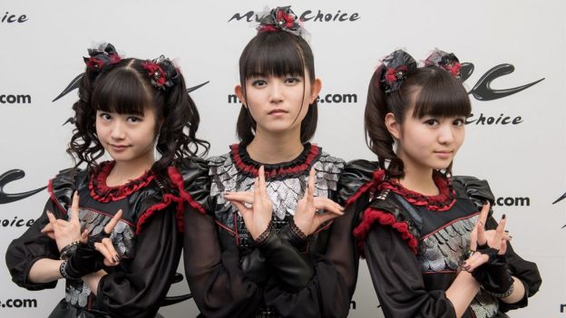 (L-R) Yuimetal, Su-metal, and Moametal of the band Babymetal Visit Music Choice on April 4, 2016 in New York City
