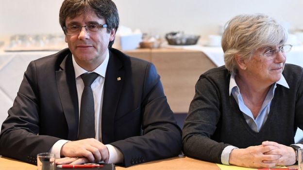 Former Catalan leader Carles Puigdemont and Prof Ponsati in Brussels