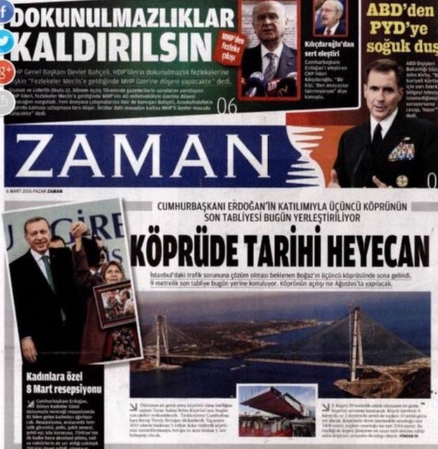 front page of Sunday's edition of Turkish newspaper Zaman - 6 March 2016