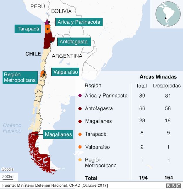 Áreas minadas en Chile según la región.
