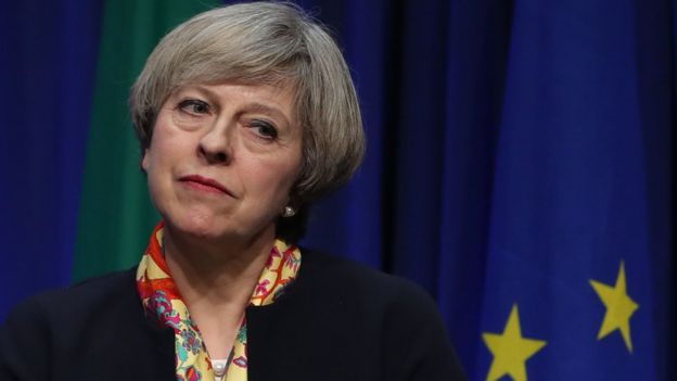 Theresa May during a press conference at Government Buildings in Dublin. Monday January 30, 2017