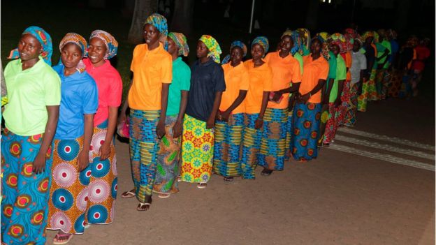 Some of the 82 released Chibok girls waiting before a meeting with Nigeria's President at the Presidential Villa in Abuja, on May 7, 2017 (handout photo)