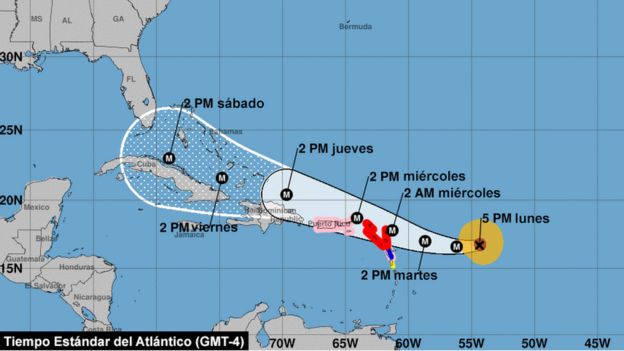 Mapa con la trayectoria prevista por el huracán Irma.