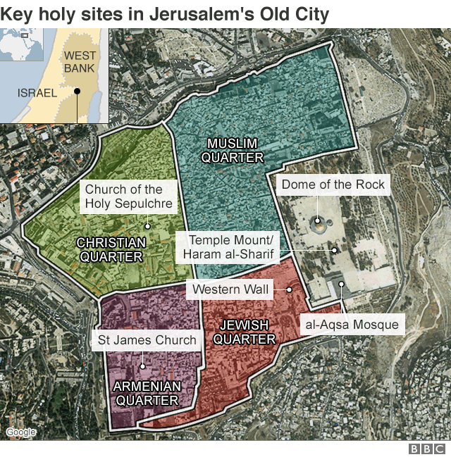 Map showing key holy sites in Jerusalem's Old City