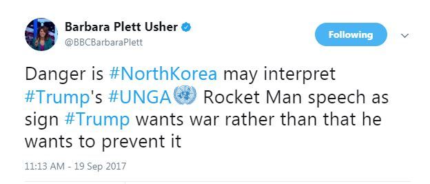 BBC驻美国国务院的特派员芭芭拉·阿什（Barbara Plett Usher）分析说，这番讲话的危险之处在于，朝鲜可能将此人定为特朗普想要与朝鲜开战，而非防止战争。